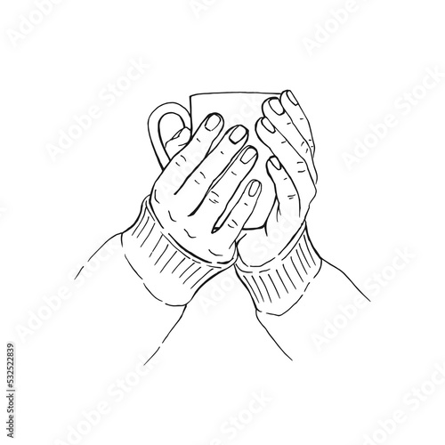 Hand drawn sketch of hands holding a cup of coffee, tea etc. Vector illustration isolated on white background.