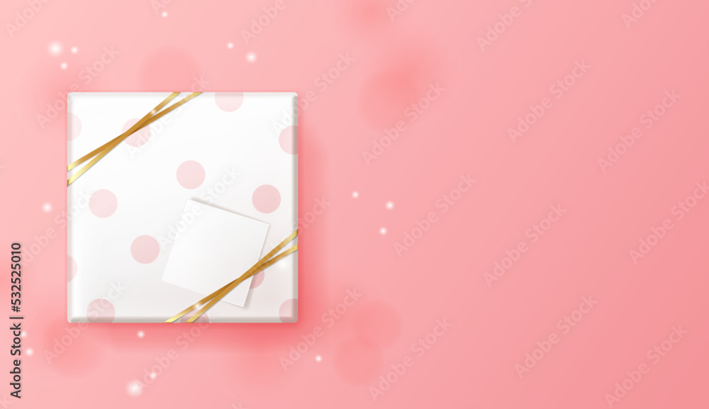 Realistic gift box on a pink background. decorative objects. Sale banners, flyers and brochures. Holiday, birthday, christmas, anniversary, wedding. Top view, flat lay Realistic gift box on a pink background. decorative objects. Sale banners, flyers and brochures. Holiday, birthday, christmas, anniversary, wedding. Top view, flat lay