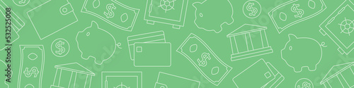 green banner with money, economics, investment related icons- vector illustration