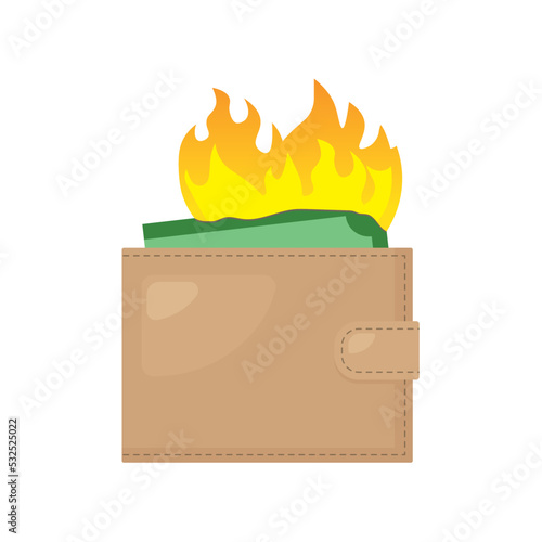 burning money banknotes in a wallet, concept of inflation, rising prices, recession, global crisis, bankrupcy- vector illustration