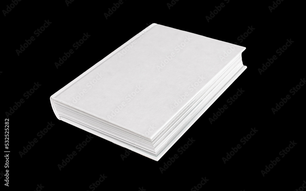 Fototapeta premium Book mockup with white empty cover isolated on black background. Angle view. Reading, study, education concept. Encyclopedia, Bible, code, novel