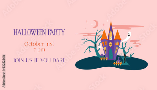 Halloween party intitation with haunted house. Spooky illustration of creepy trees, ghost and house with copy space