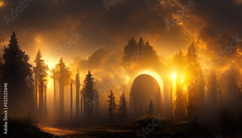 Futuristic portal in the center of the forest to the realm of darkness. Yellow light comes from the portal. The action takes place at dawn. 3d-render.