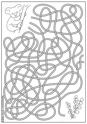 Maze game and coloring book for kids. Labyrinth with cute cartoon koala and branch of eucalyptus. Children education activity page and worksheet. Cartoon outline vector illustration.