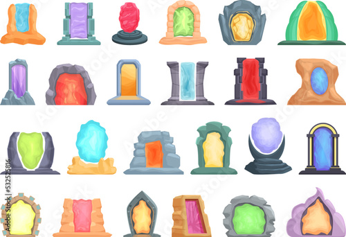 Portal icons set cartoon vector. Digital podium. Stage game