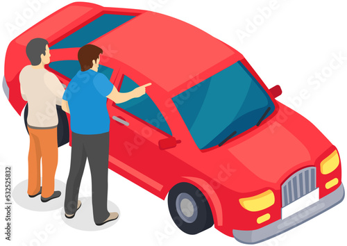 Men standing near red car. Colleagues discussing automobile to buy. Purchase of vehicle, making deal concept. Male characters checking transport. People next to passenger car vector illustration