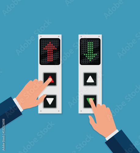 Businessman or manager hand pressing elevator button. Lift call buttons panel. Flat vector illustration.