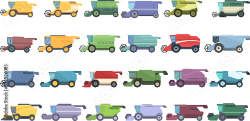 Combine harvester icons set cartoon vector. Farm agriculture. Food summer