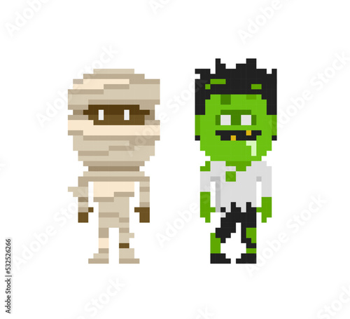 8-bit style Mummy and funny Zombie costume isolated on white. Cartoon pixel Mummy girl and Zombie boy character in retro video game style. Pixel Art for Halloween design