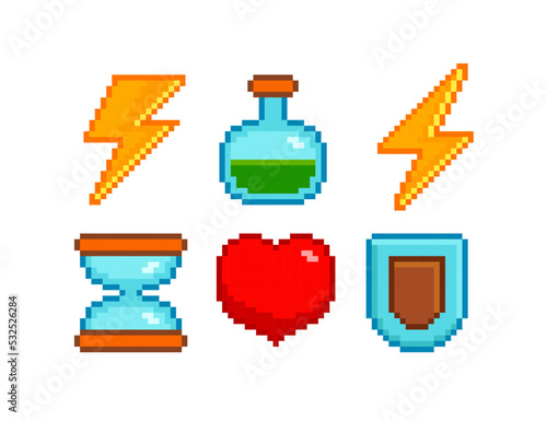 8-bit pixel icons for retro computer game design. Pixel flash, Potion bottle, Heart, Shield, Hourglass, isolated on white. Vintage arcade game assets