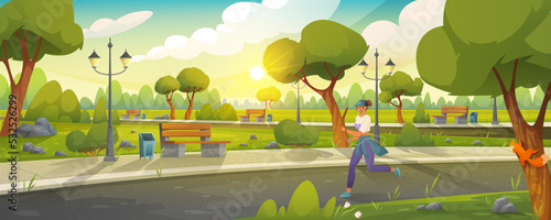 Girl runs in city park. Morning running of sportswoman in fresh air. Sports activity and healthy lifestyle concept. Female character doing jogging outdoor. Athlete doing sports and morning exercises
