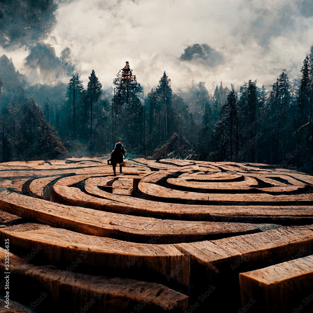 Fantasy landscape, epic labyrinth maze. Carved wood patterns and ...
