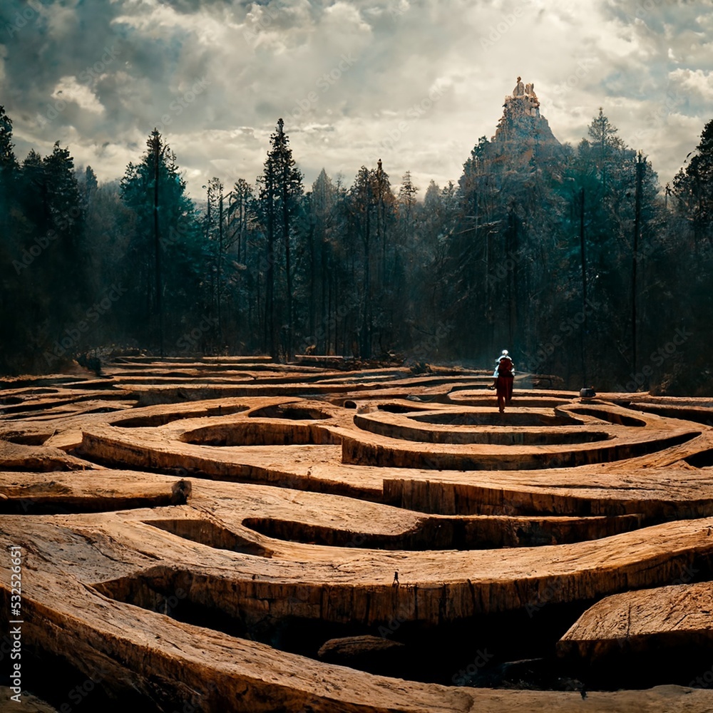 Fantasy landscape, epic labyrinth maze. Carved wood patterns and ...