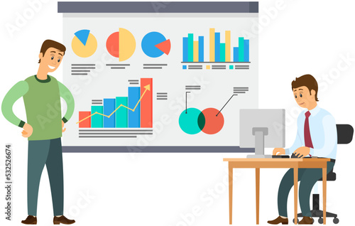 Analytics information and development statistics. Web analysis measure, product testing technology. Man analyses dashboard seo optimization, digital report. Statistical indicators and data on diagram