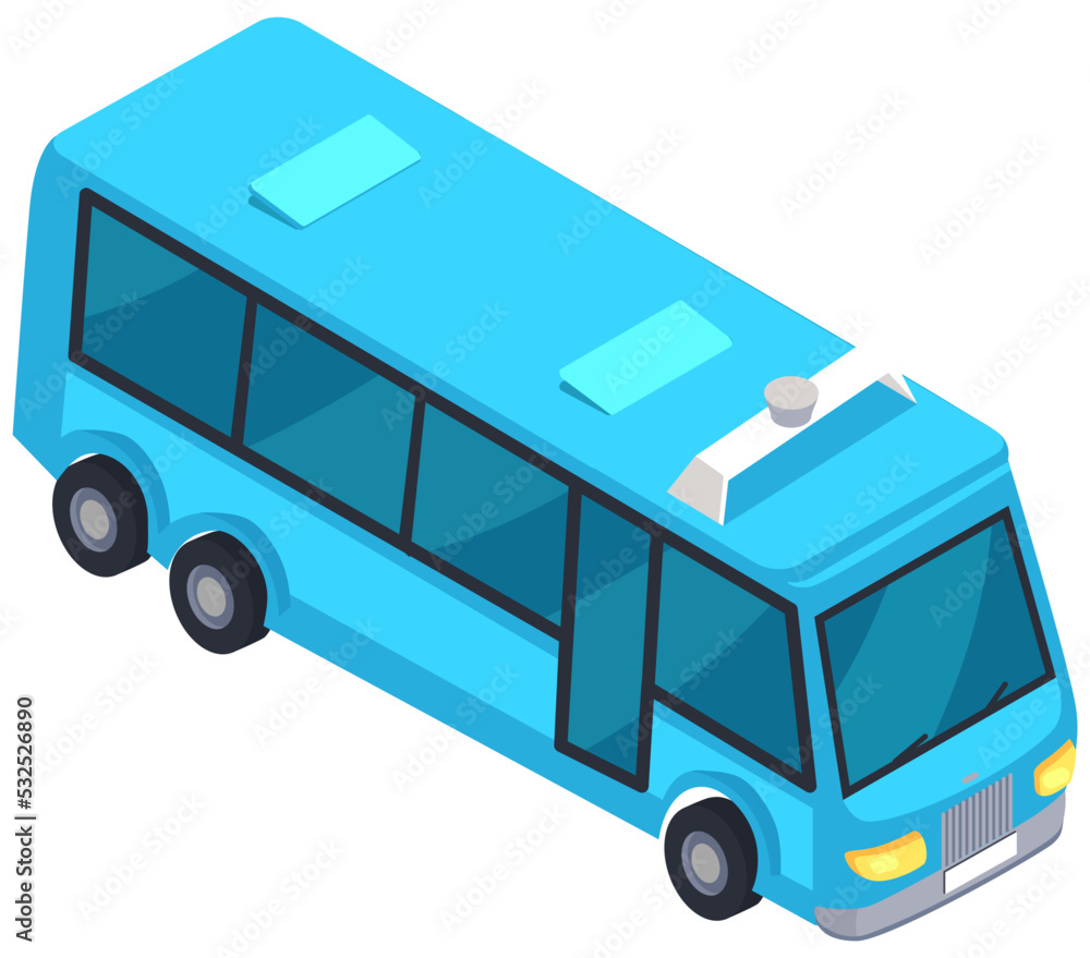 Road vehicle designed to carry passengers. Big blue bus for transporting people around town. Vehicle, urban public transport. Autobus for schoolchildren or city passengers vector illustration Road vehicle designed to carry passengers. Big blue bus for transporting people around town. Vehicle, urban public transport. Autobus for schoolchildren or city passengers vector illustration