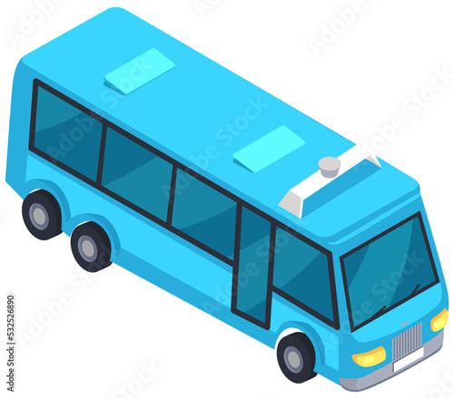 Road vehicle designed to carry passengers. Big blue bus for transporting people around town. Vehicle, urban public transport. Autobus for schoolchildren or city passengers vector illustration