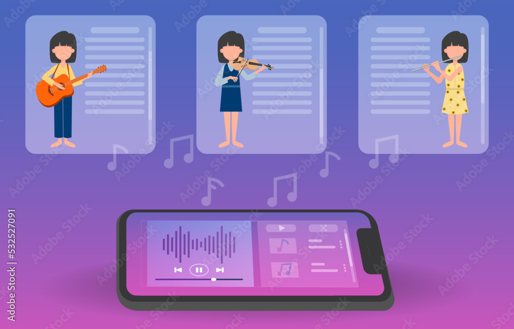 Mobile phone playing music with details of instruments, flute, violin and guitar on metaverse screen. Vector illustration of the future. Eps 10.
Mobile phone playing music with details of instruments, flute, violin and guitar on metaverse screen. Vector illustration of the future. Eps 10.