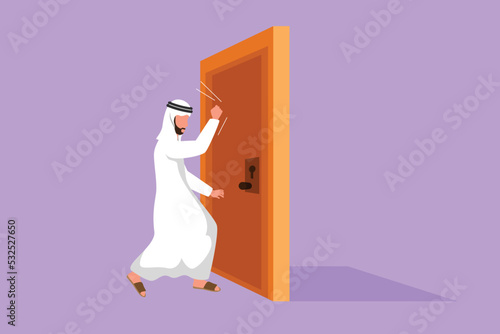 Graphic flat design drawing Arab businessman knocking at door. Worker standing at entrance of meeting room knocking door. Man in traditional clothes knocking at door. Cartoon style vector illustration