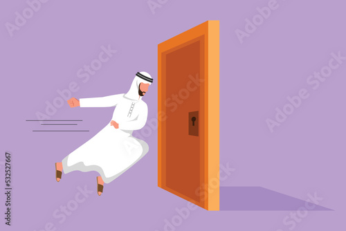 Cartoon flat style drawing Arab businessman running and want to break down the door. Business struggle metaphor. Strength worker for success. Opening closed doors. Graphic design vector illustration