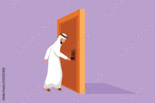 Cartoon flat style drawing Arab businessman holding a door knob. Entering working room in office building. Man holding door knob to open door and enter work space. Graphic design vector illustration