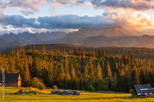 Glodowka Valley in Carpathian Mountains, High Tatras at sunset photo