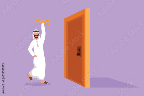 Character flat drawing young Arab businessman lifting key in front of door. Man holding key to open office room door. Starting morning with success spirit to work. Cartoon design vector illustration