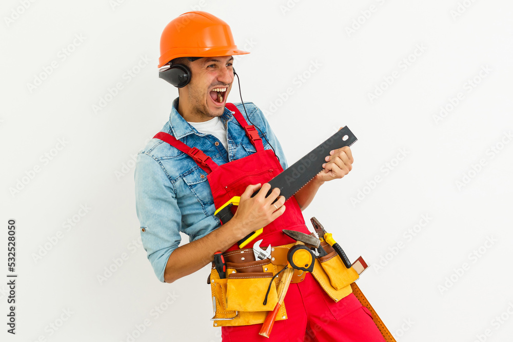 Male worker with headphones over white background.