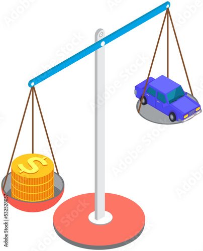 Automobile and gold coins on scales. Car, estate valuation, weighing, financial measurement concept. Investment income, economics, business and wealth. Scales with transport and money comparison