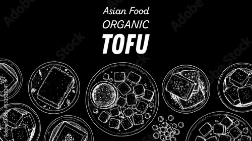 Tofu top view. Hand drawn vector illustration. Tofu sketch. Asian food. Tofu dish. Vegan food. Vintage design template. Product design. Great for packaging, recipe book, menu.