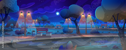 Rainy weather, lightning, thunder and storm at night. Thunderstorm and heavy rain, autumn weather. Night view of city park vector illustration. Evening park or garden with trees and benches
