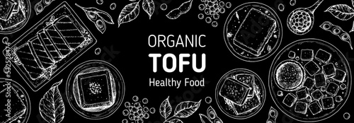 Tofu top view frame. Hand drawn vector illustration. Tofu sketch. Asian food. Soybean sketch. Tofu cooking. Vegan food. Vintage design template. Product design. Great for packaging, recipe book, menu.