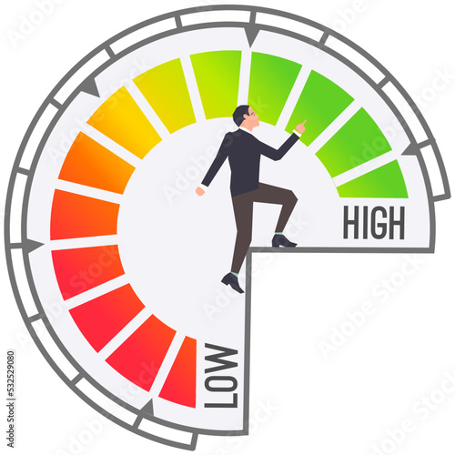 Personal development plan for career success, build specialist skill or competence to motivate and achieve business target concept, man walk up staircase on scale from low to high to achieve target