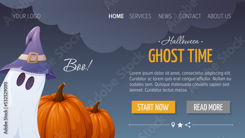Cute ghost in a sorcery hat and pumpkins. Ghost time. Halloween horizontal template for website, dark background. Vector illustration. For banner, store, sale