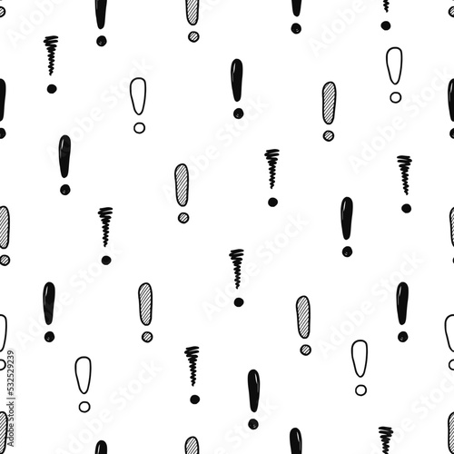 Hand drawn exclamation mark seamless pattern. Scribble doodle exclamation point sign background. Hand drawn sketch danger pattern. Vector illustration