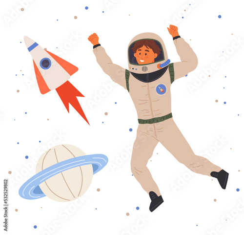 Astronaut travels in intergalactic space. Man on spaceship flies in solar system. Fantastic transport of explorer in space. Spaceman flying among rocket and stars. Sky landscape with celestial objects