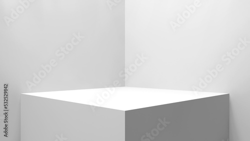 The empty corner stage on the white wall background with the natural lights. Stage product display background. Blank white display on the floor. Modern style background. 3d render. © Anees