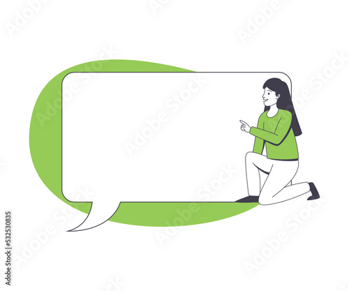 Communication Speech Bubble with Woman Character Sitting Near It Vector Illustration