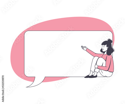 Communication Speech Bubble with Woman Character Sitting Near It Vector Illustration