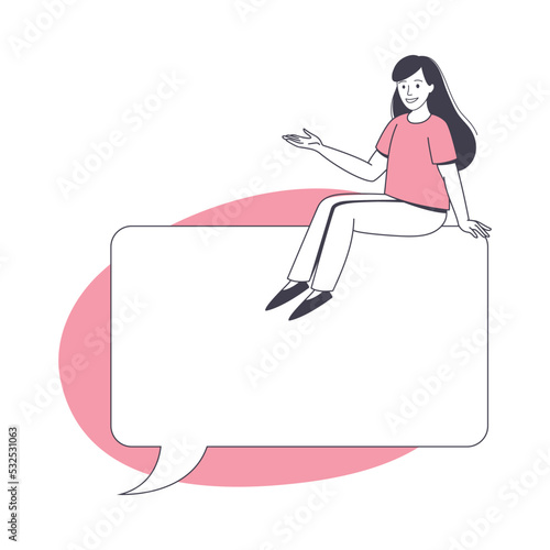 Communication Speech Bubble with Woman Character Sitting on It Vector Illustration