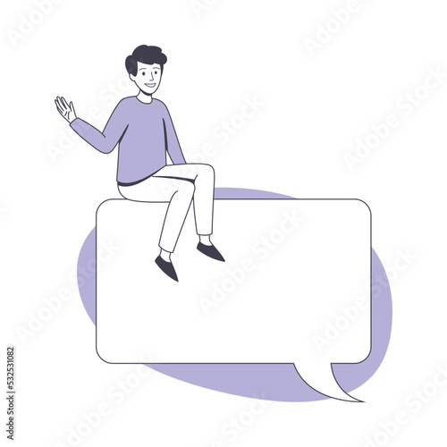 Communication Speech Bubble with Man Character Sitting On Top of It Vector Illustration
