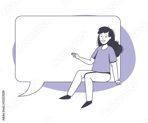 Communication Speech Bubble with Woman Character Sitting Near It Vector Illustration
