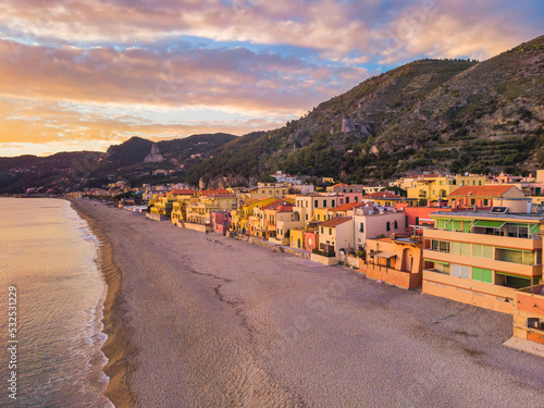 Aerial view of the beach of Varigotti during blue hour. Liguria  Italy