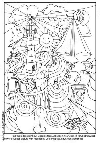 Find  hidden objects. Marine picture. Lighthouse, shore, sea, ship. Coloring page. Education worksheet. Hand drawn vector illustration