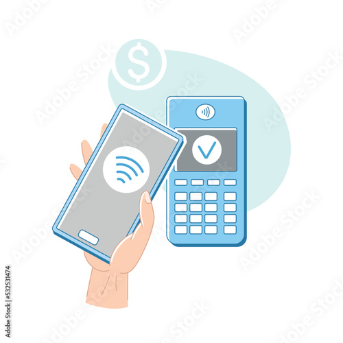 Contactless Payment with Hand Paying with Smartphone Vector Illustration