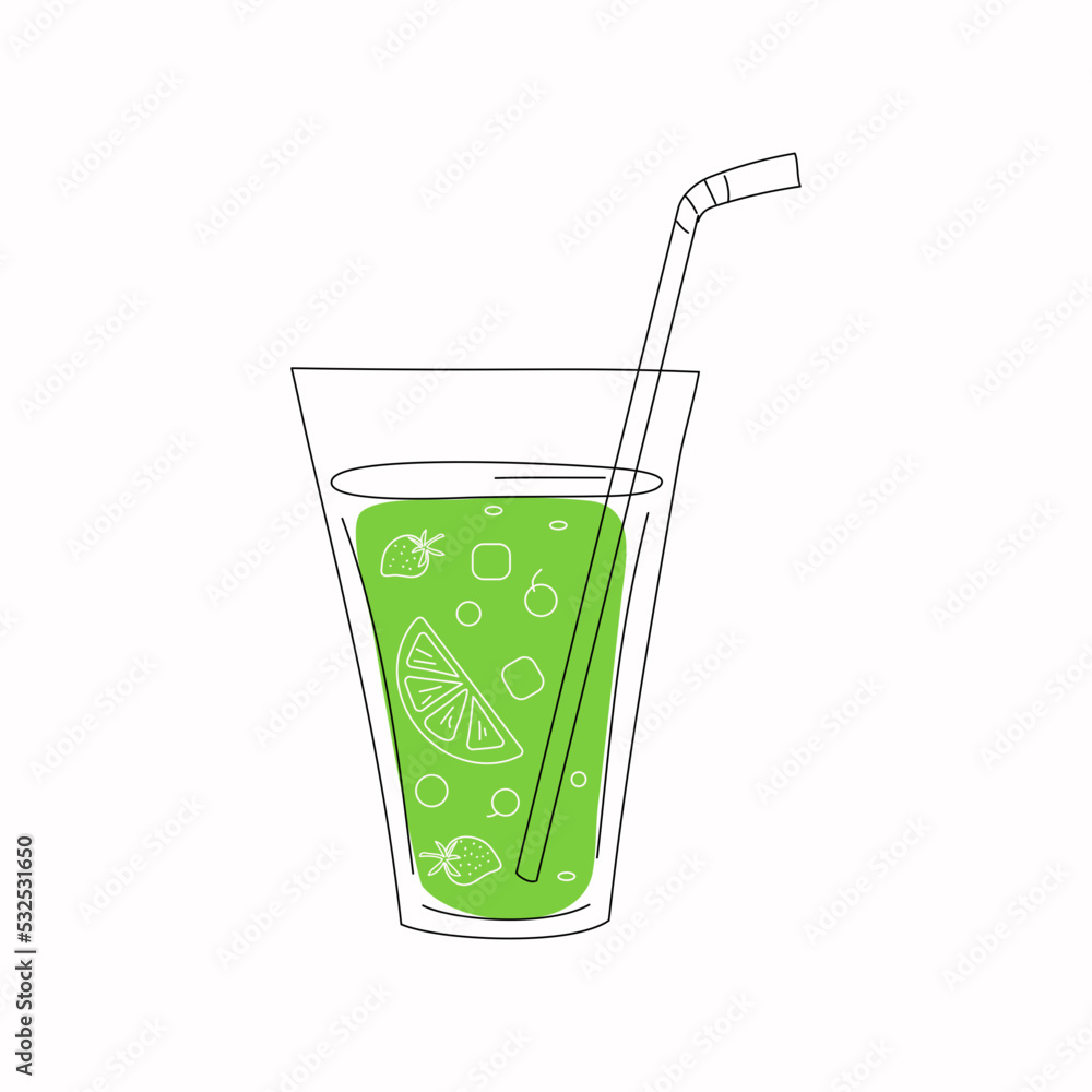 Glass with fruit drink in doodle style. Fruit juice with lemons, berries, lime, citrus. Vector illustration. Glass with fruit drink in doodle style. Fruit juice with lemons, berries, lime, citrus. Vector illustration.