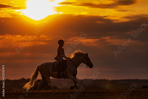 rider gallops on horseback during sunset and only the silhouette is visible