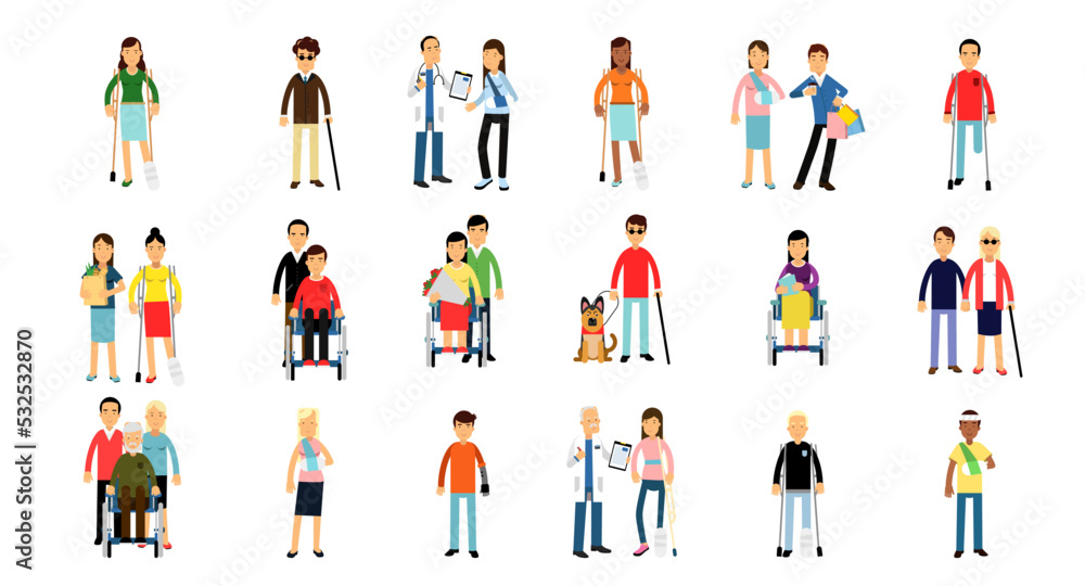 Disabled People Character with Doctor and Assistant Big Vector Set