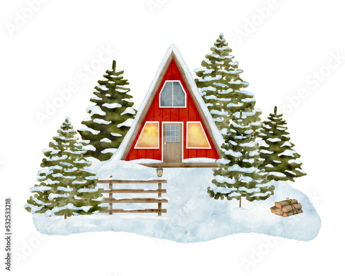 Watercolor red wood cabin in winter forest illustration. Hand drawn modern triangle cottage with snowy fir trees isolated on white background. Cozy Christmas countryside for cards. House in woodland photo