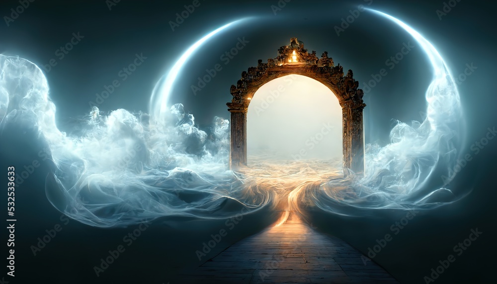 Parallel Runes Gate in dim clouds in an empty room. Portal to another world, magical ...