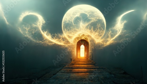 Gate in dim clouds in an empty room. Portal to another world, magical realism, parallel world, ancient runes, relics. Gate to the castle. 3d render